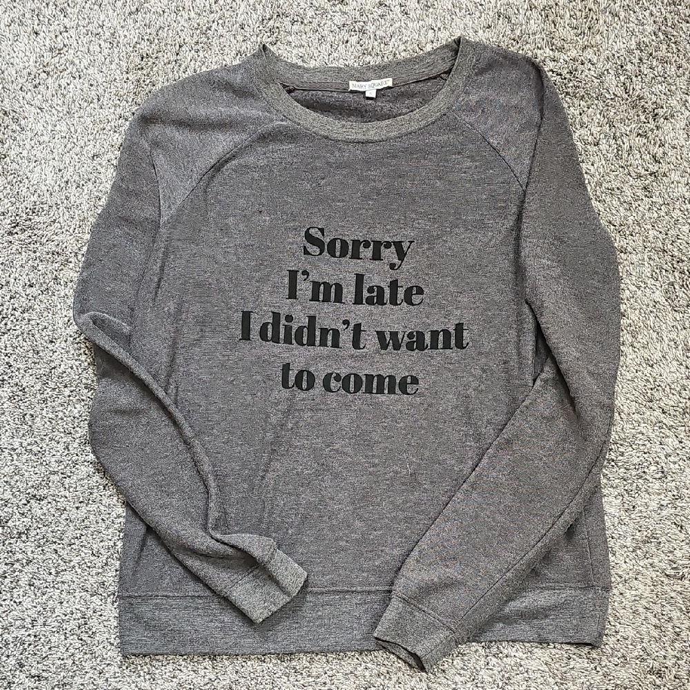 Gray Crew Neck Sweater with Printed Text
